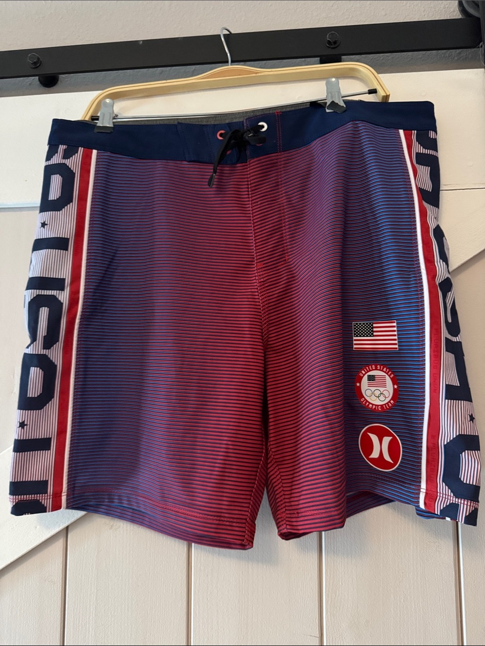Hurley Red and Navy Striped Olympic Swim Board Shorts